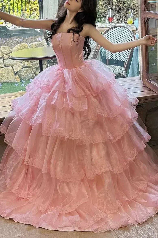 Gorgeous Princess Strapless Sleeveless Tiered Organza Floor-Length Prom Dress