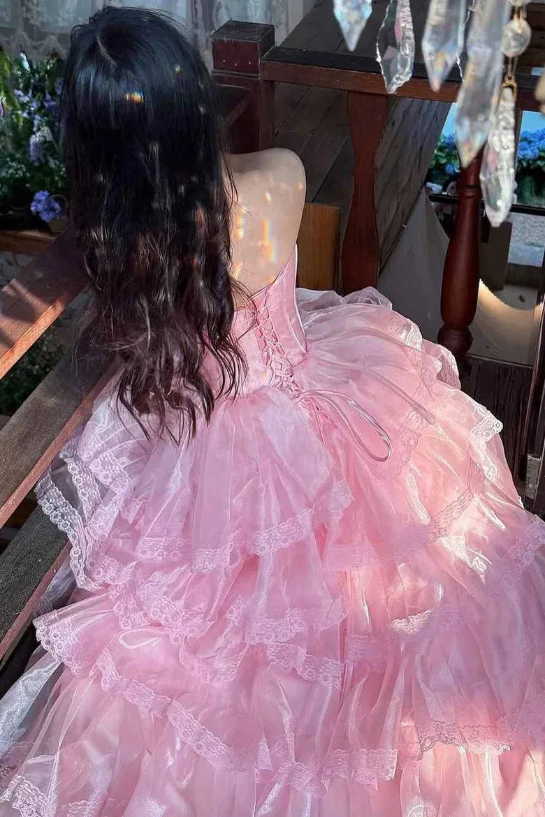 Gorgeous Princess Strapless Sleeveless Tiered Organza Floor-Length Prom Dress