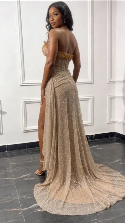 Gorgeous Strapless Sleeveless Mermaid Sequins Split Long Prom Dress