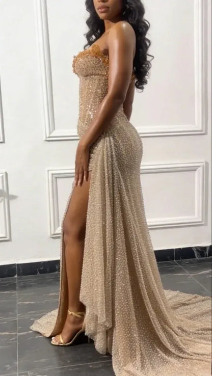 Gorgeous Strapless Sleeveless Mermaid Sequins Split Long Prom Dress
