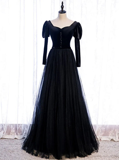 Gothic Ballgown Square-Neck Long-Sleeve Corset-Back Black Long Prom Dress for Women Ready to Ship