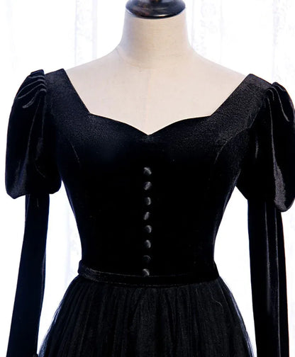 Gothic Ballgown Square-Neck Long-Sleeve Corset-Back Black Long Prom Dress for Women Ready to Ship