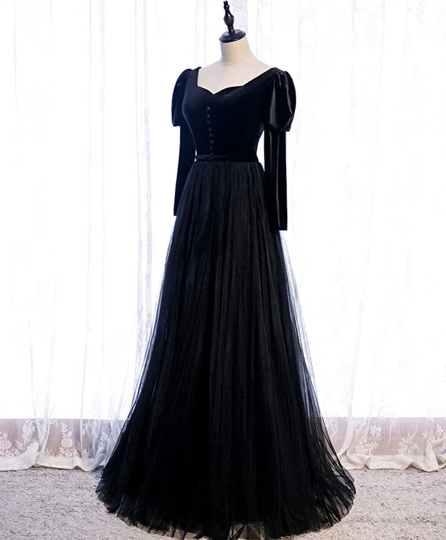 Gothic Ballgown Square-Neck Long-Sleeve Corset-Back Black Long Prom Dress for Women Ready to Ship