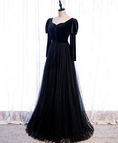 Gothic Ballgown Square-Neck Long-Sleeve Corset-Back Black Long Prom Dress for Women Ready to Ship