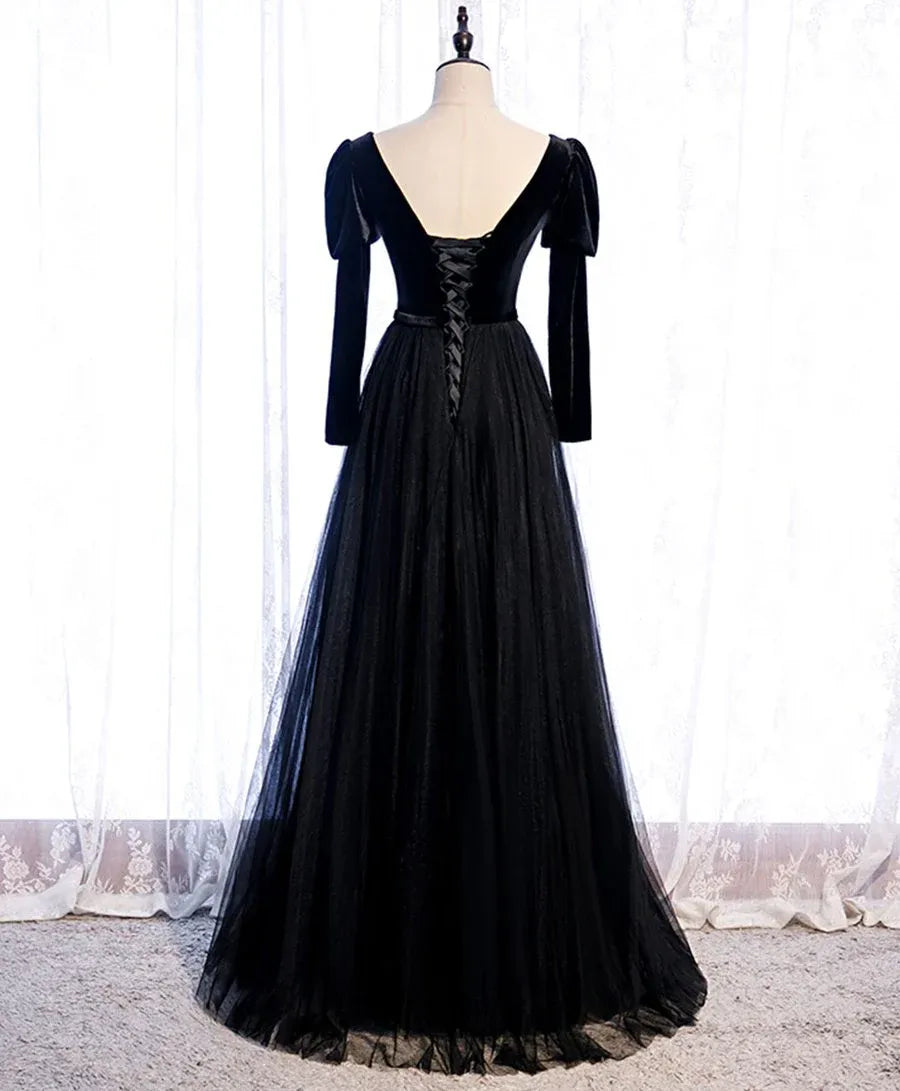 Gothic Ballgown Square-Neck Long-Sleeve Corset-Back Black Long Prom Dress for Women Ready to Ship