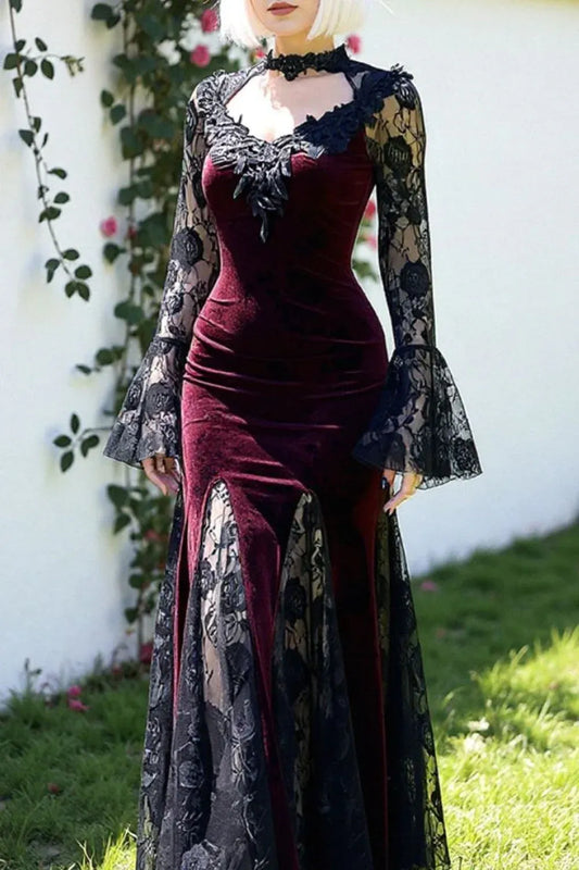 Gothic Mermaid/Trumpet V Neck Long Sleeve Velvet Backless Floor-Length Prom Dress