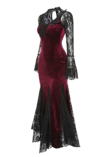 Gothic Mermaid/Trumpet V Neck Long Sleeve Velvet Backless Floor-Length Prom Dress