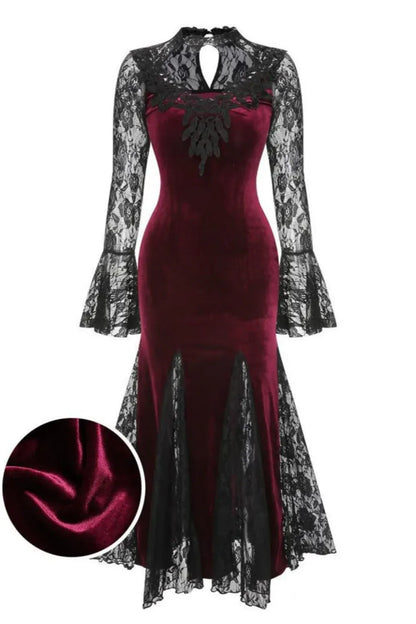 Gothic Mermaid/Trumpet V Neck Long Sleeve Velvet Backless Floor-Length Prom Dress