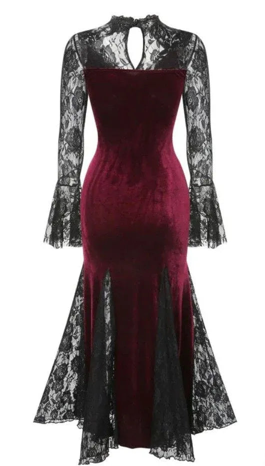 Gothic Mermaid/Trumpet V Neck Long Sleeve Velvet Backless Floor-Length Prom Dress
