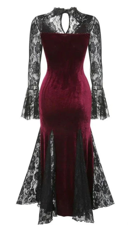Gothic Mermaid/Trumpet V Neck Long Sleeve Velvet Backless Floor-Length Prom Dress