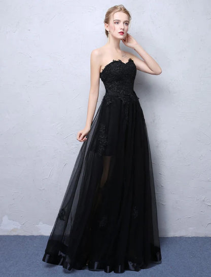 Gothic Strapless Sleeveless Lace Black Floor-Length Evening Dress