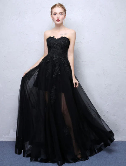 Gothic Strapless Sleeveless Lace Black Floor-Length Evening Dress
