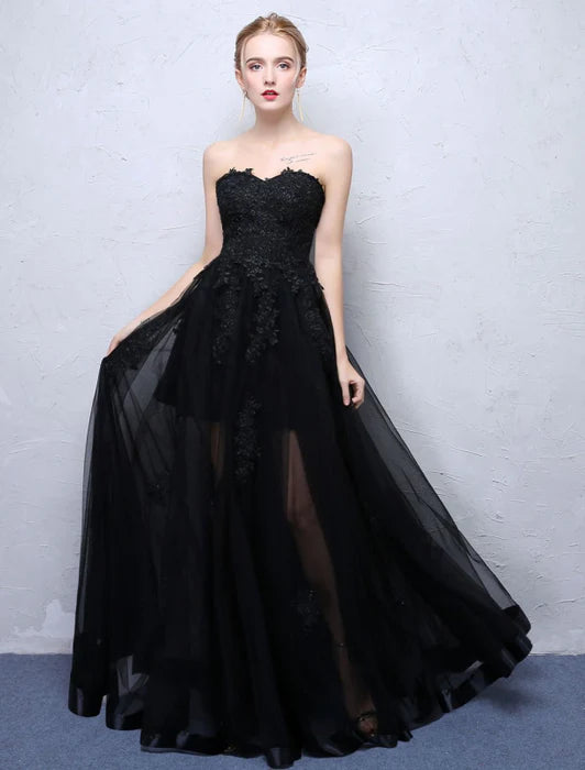 Gothic Strapless Sleeveless Lace Black Floor-Length Evening Dress
