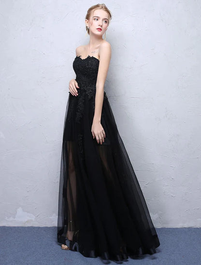 Gothic Strapless Sleeveless Lace Black Floor-Length Evening Dress