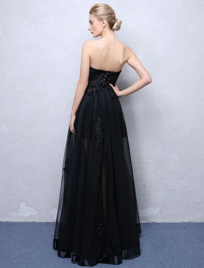Gothic Strapless Sleeveless Lace Black Floor-Length Evening Dress