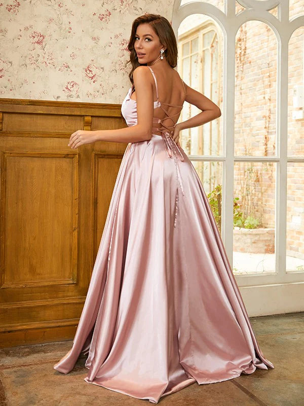 Back view of the light blue A-line silk-like satin prom dress featuring delicate ruffles.