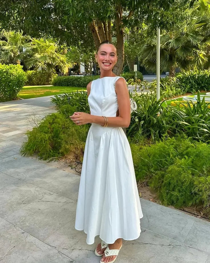 Graceful A-Line Boat Neck Sleeveless Pleated Satin Ankle-Length Prom Dress