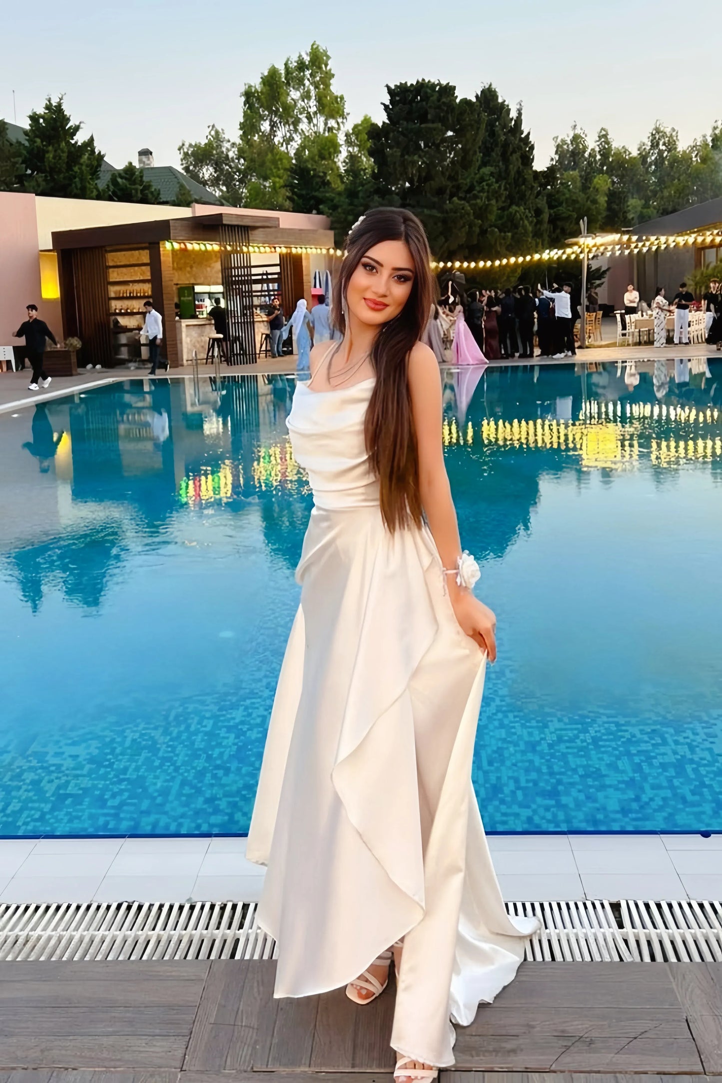 Graceful A-Line Cowl Neck Sleeveless Satin Ruffles Floor-Length Prom Dress