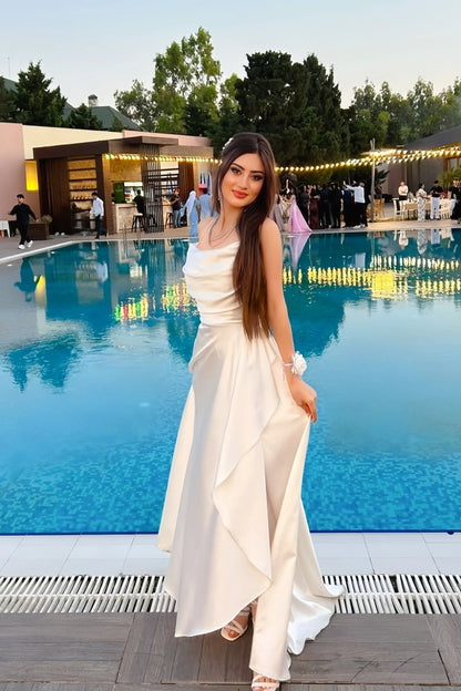 Graceful A-Line Cowl Neck Sleeveless Satin Ruffles Floor-Length Prom Dress