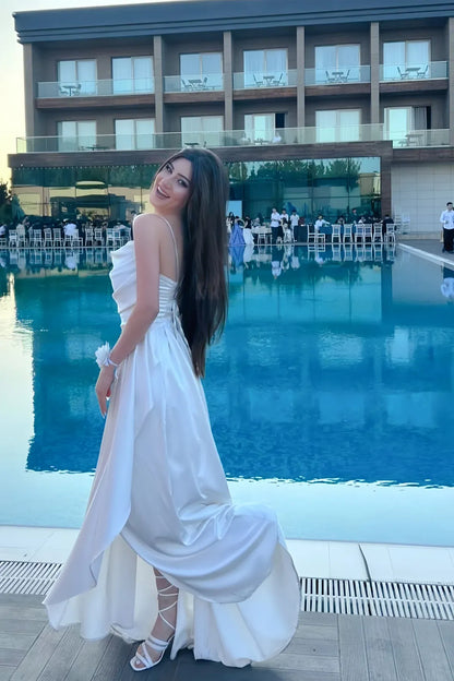 Graceful A-Line Cowl Neck Sleeveless Satin Ruffles Floor-Length Prom Dress