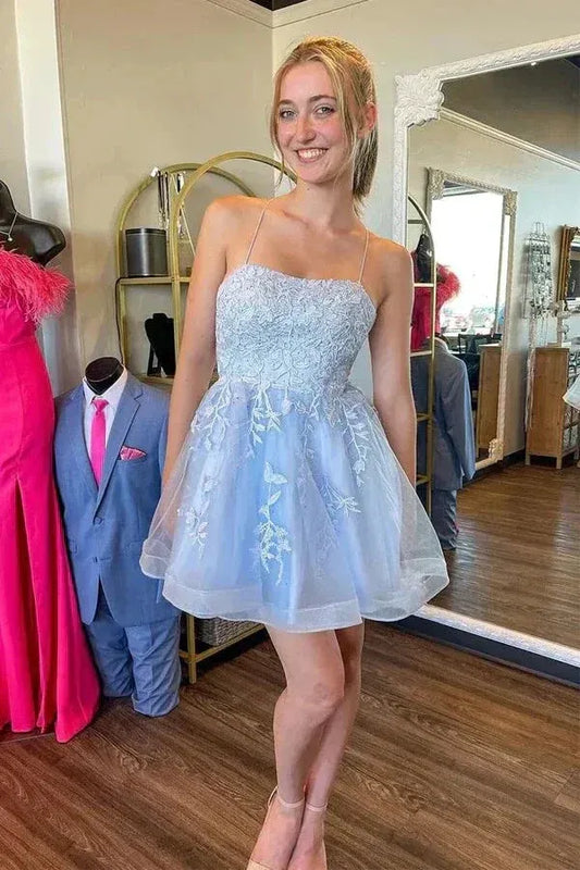 Graceful A-Line Off Sleeves Sleeveless Appliques Tulle Short-Mini Homecoming Dress