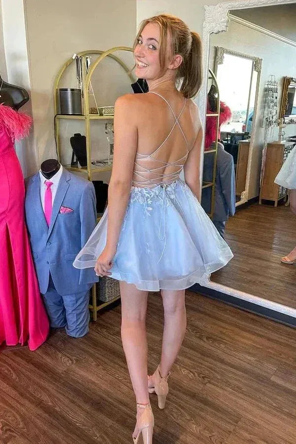 Graceful A-Line Off Sleeves Sleeveless Appliques Tulle Short-Mini Homecoming Dress