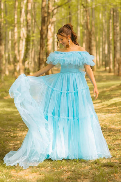 Graceful A-Line Off the Shoulder Sleeveless Ruffles Tulle Floor-Length Prom Dress