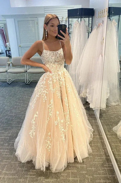 Graceful A-Line Scoop Neck Sleeveless Appliqued Floor-Length Prom Dress