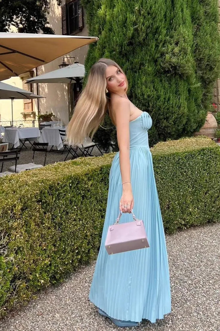 Graceful A-Line Strapless Sleeveless Satin Floor-Length Zipper Up Pleated Prom Dress