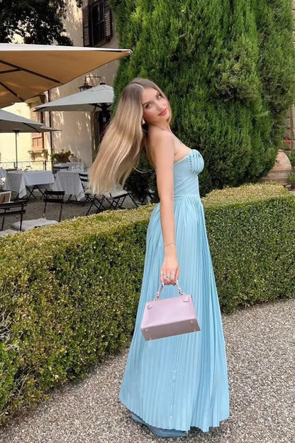 Graceful A-Line Strapless Sleeveless Satin Floor-Length Zipper Up Pleated Prom Dress