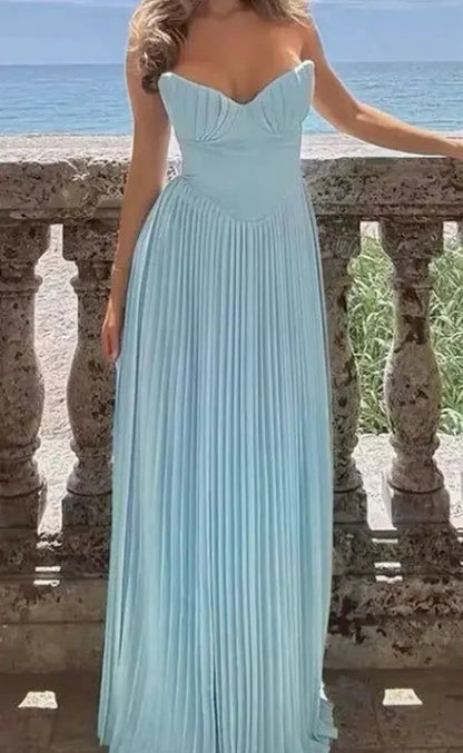 Graceful A-Line Strapless Sleeveless Satin Floor-Length Zipper Up Pleated Prom Dress