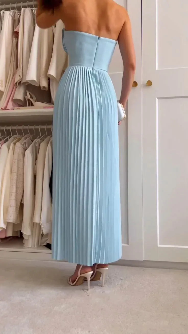 Graceful A-Line Strapless Sleeveless Satin Floor-Length Zipper Up Pleated Prom Dress