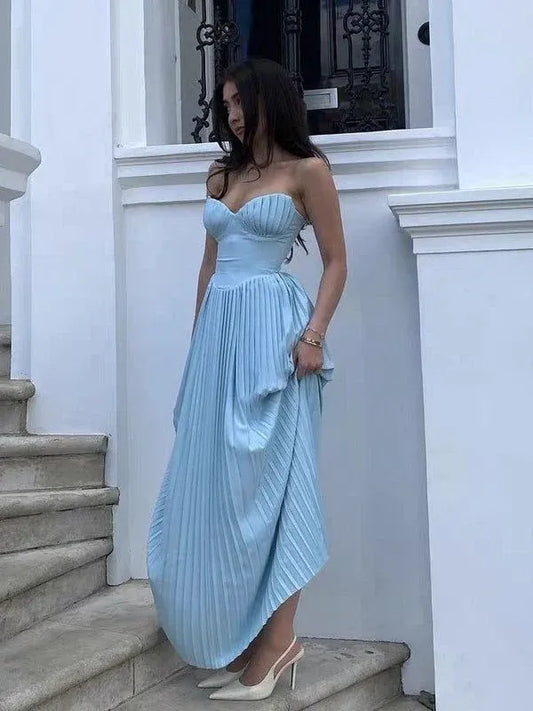 Graceful A-Line Strapless Sleeveless Satin Floor-Length Zipper Up Pleated Prom Dress