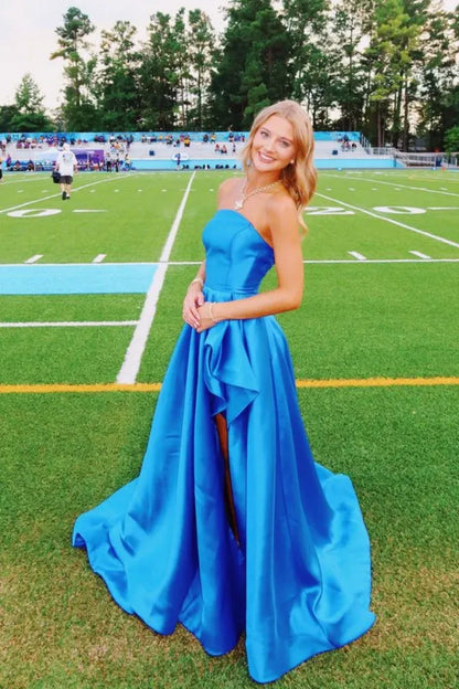 Graceful A-Line Sweetheart Sleeveless Slit Satin Floor-Length Prom Dress