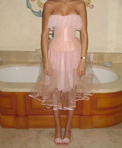 Graceful A-Line Sweetheart Sleeveless Tulle Pleated Tea-Length Party Dress
