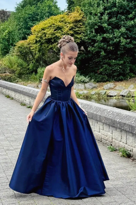 Graceful A-Line V-Neck Sleeveless Pleated Satin Floor-Length Prom Dress