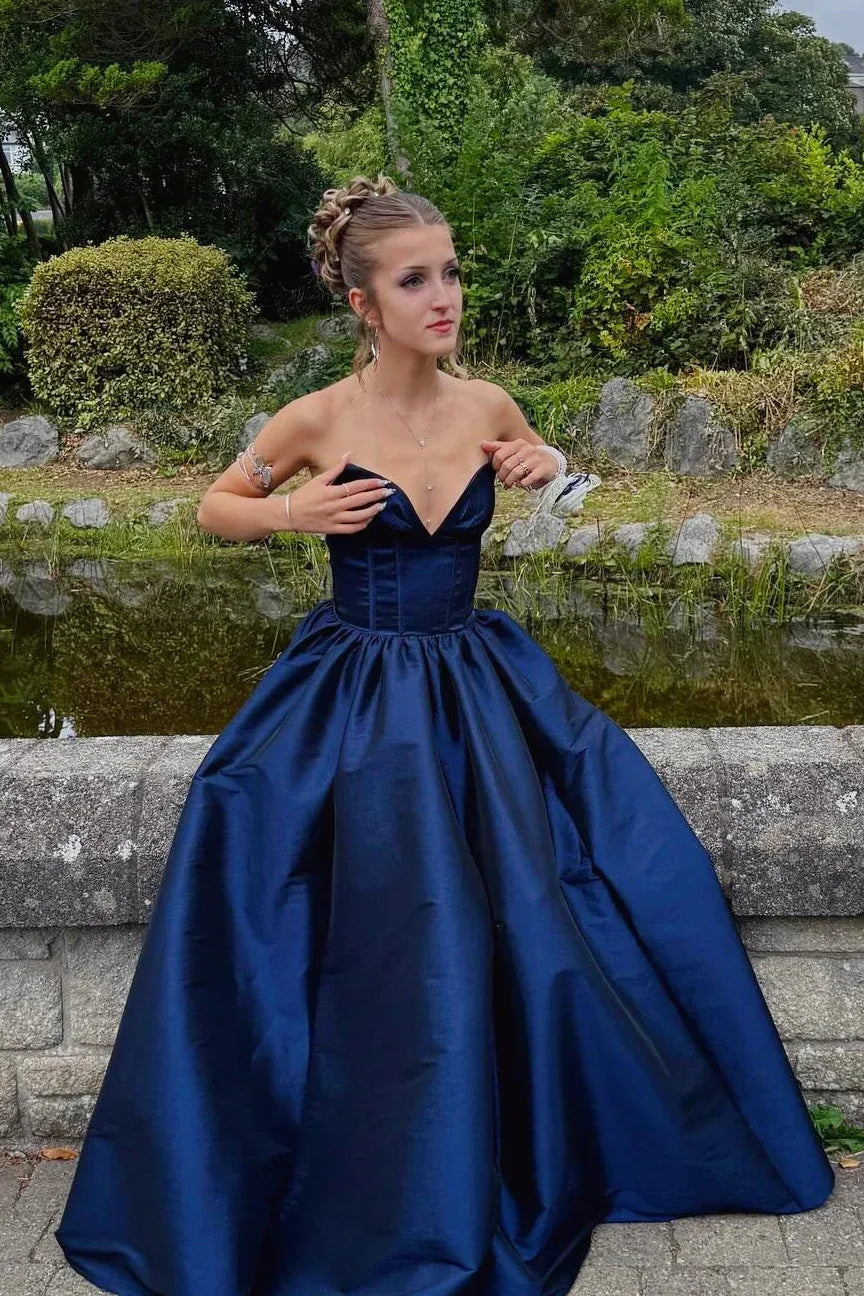 Graceful A-Line V-Neck Sleeveless Pleated Satin Floor-Length Prom Dress