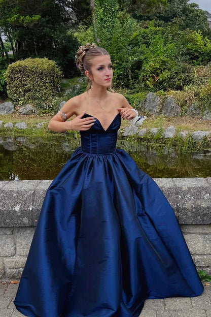 Graceful A-Line V-Neck Sleeveless Pleated Satin Floor-Length Prom Dress
