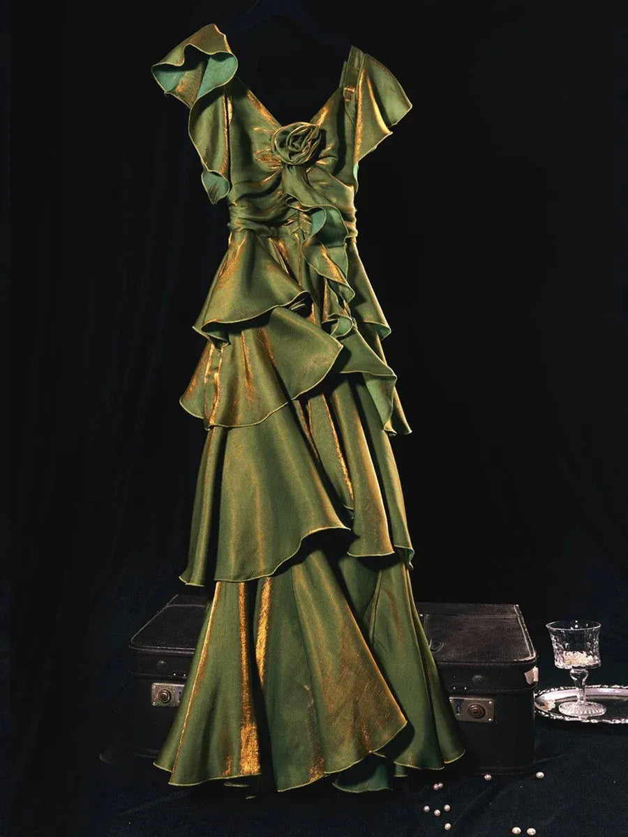 Graceful A-Line V Neck Sleeveless Multi-Layered Satin Maxi Dress Prom Dress