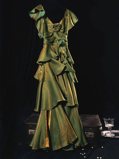Graceful A-Line V Neck Sleeveless Multi-Layered Satin Maxi Dress Prom Dress