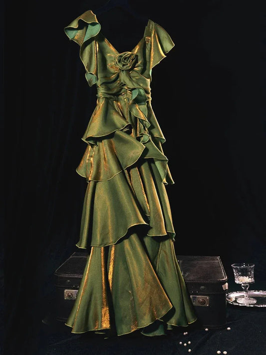 Graceful A-Line V Neck Sleeveless Multi-Layered Satin Maxi Dress Prom Dress