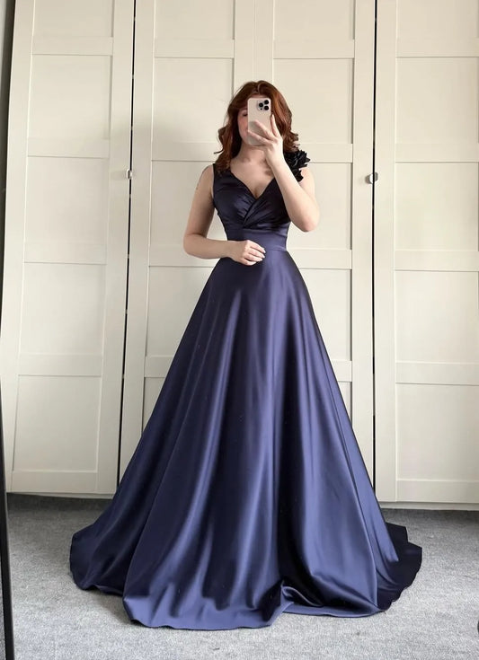 Graceful A-Line V Neck Sleeveless Satin Pleated Floor-Length Evening Dress