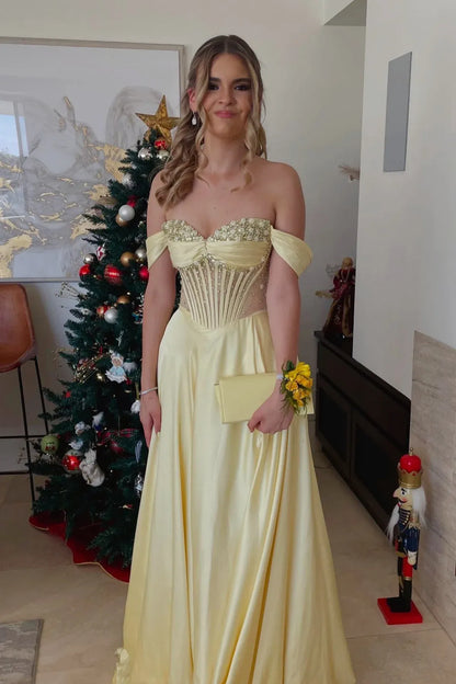 Graceful A-line Off-the-shoulder Sleeveless Lace Up Slit Floor-Length Prom Dress