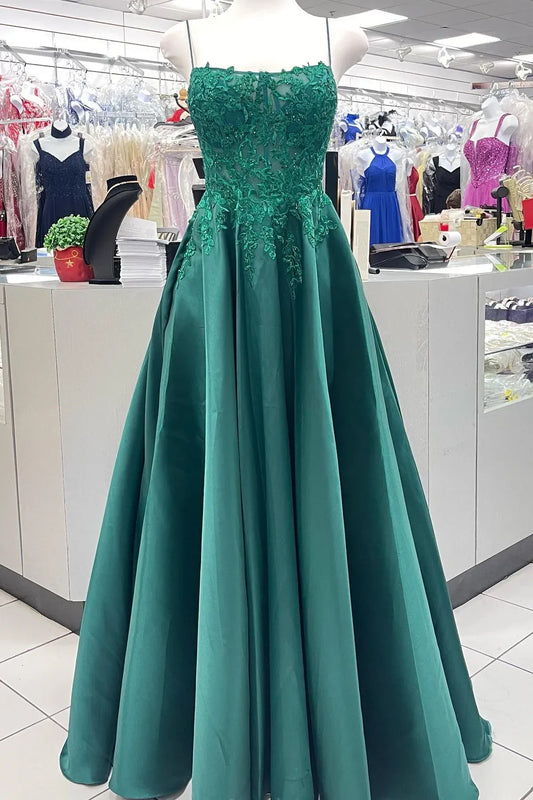 Graceful A-line Spaghetti Straps Sleeveless Satin Appliques Floor-Length Prom Dress