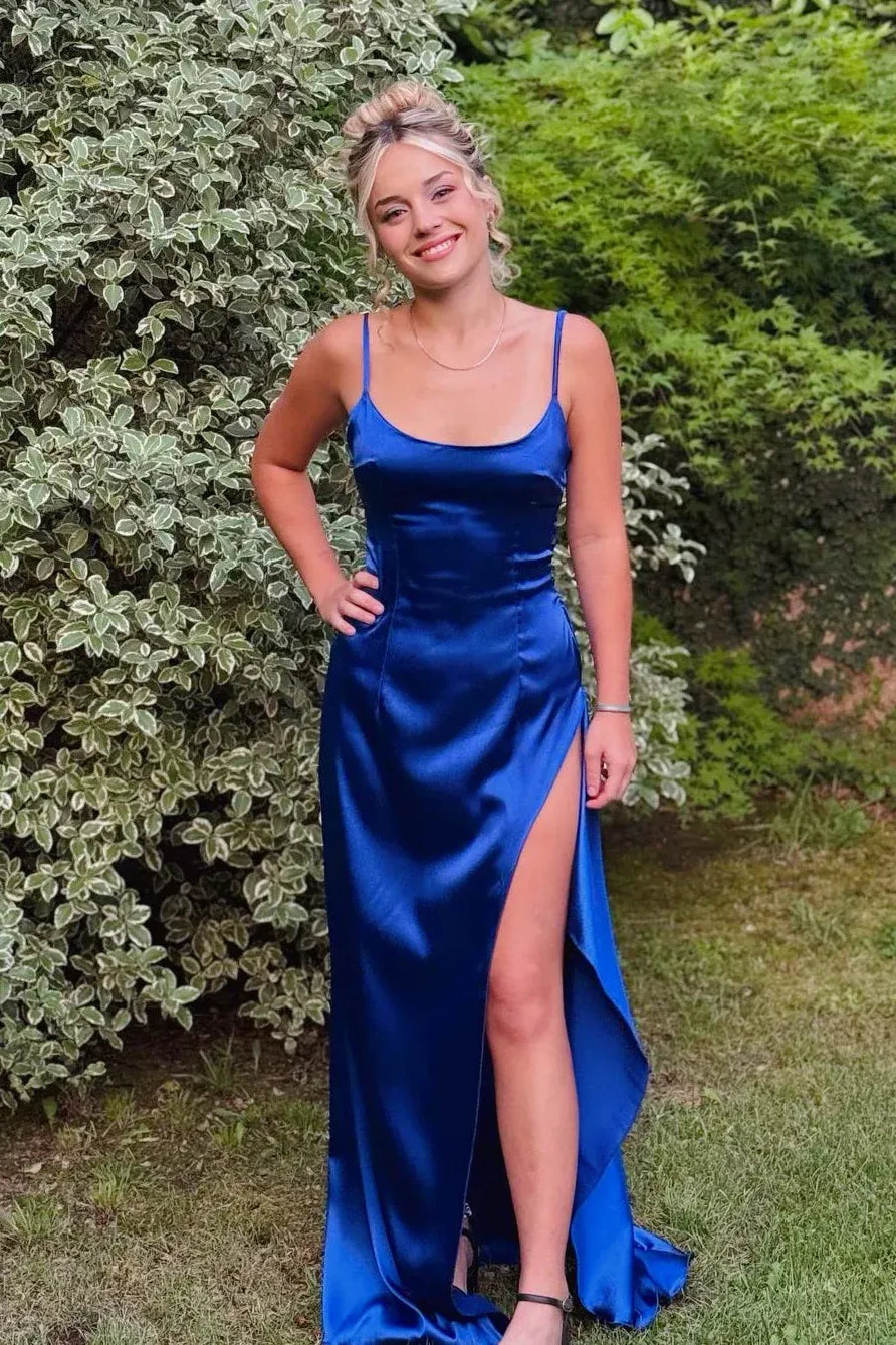 Graceful A-line Spaghetti Straps Sleeveless Slit Satin Floor-Length Prom Dress