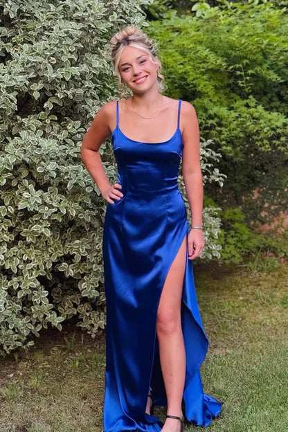 Graceful A-line Spaghetti Straps Sleeveless Slit Satin Floor-Length Prom Dress