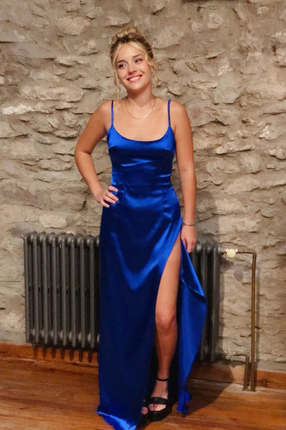 Graceful A-line Spaghetti Straps Sleeveless Slit Satin Floor-Length Prom Dress