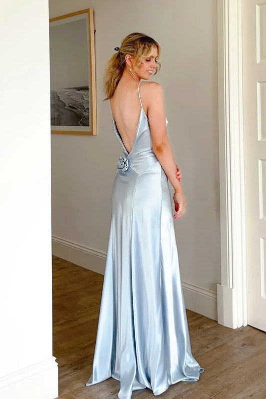 Graceful A-line V Neck Sleeveless Pleated Satin Floor-Length Prom Dress