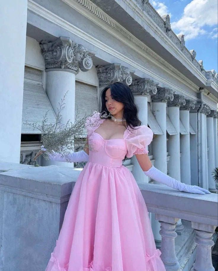 Graceful Ball Gown Off the Shoulder Puff Sleeve Tulle Pleated Sweep Train Evening Dress