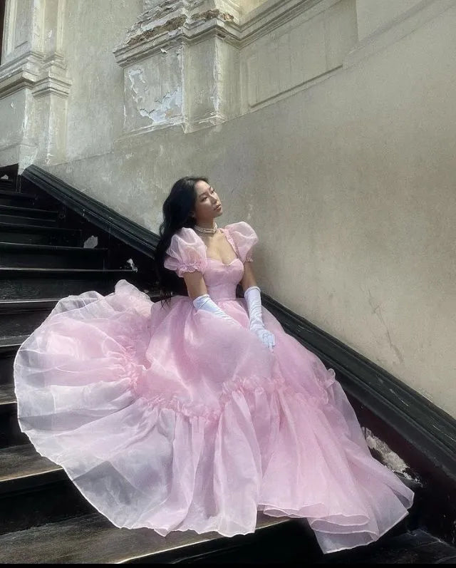 Graceful Ball Gown Off the Shoulder Puff Sleeve Tulle Pleated Sweep Train Evening Dress